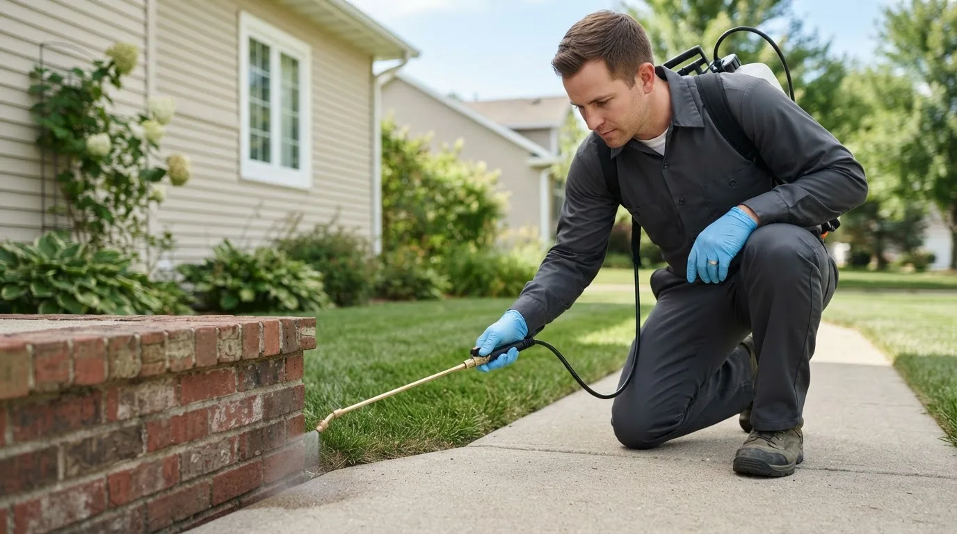 Pest control technician treating a home near Meridian, ID